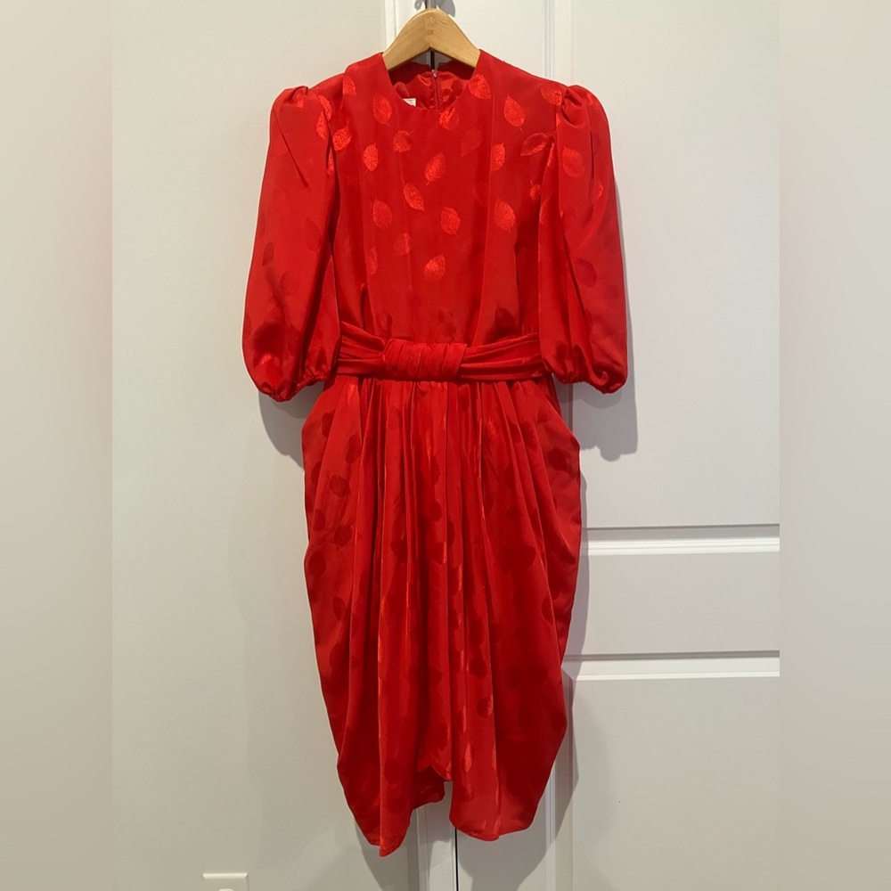 The Gilberts for Tally red Leaf Jacquard Puff sleeve dress size 12 VINTAGE